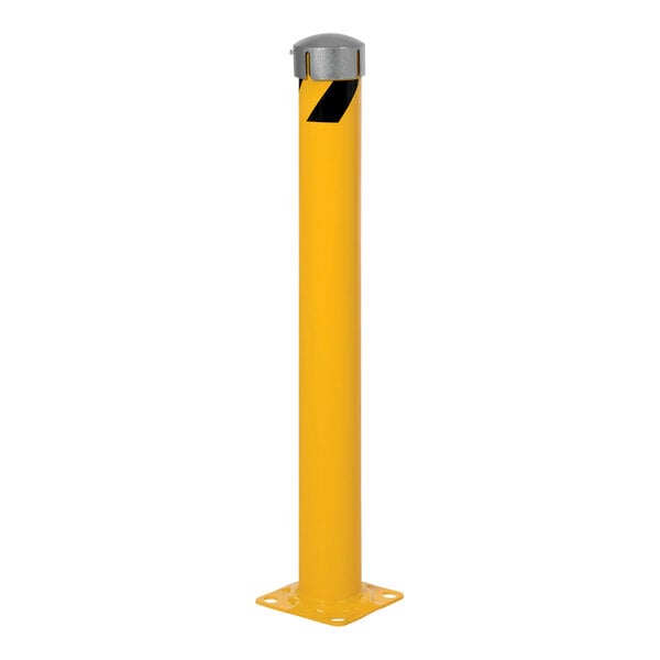 A yellow cylinder with a white border and black stripe with chain slots.