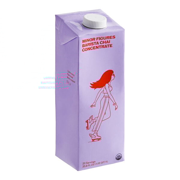 A carton of Minor Figures Barista Organic Chai Concentrate with a drawing of a woman on it.