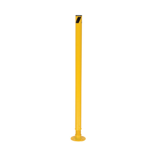 A yellow steel safety bollard with black stripes.