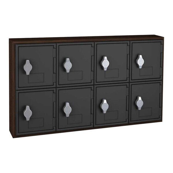 A walnut wood cabinet with six doors.