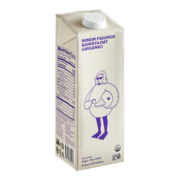 A white and brown carton of Minor Figures Barista Organic Oat Milk with a cartoon of a duck holding a cup.