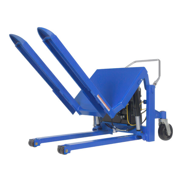 A blue Vestil pallet tilter machine with wheels and open doors.
