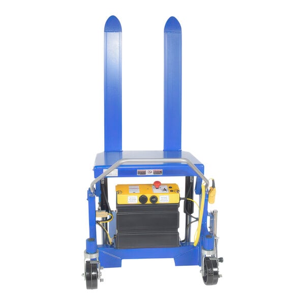 A blue and yellow Vestil pallet tilter machine.