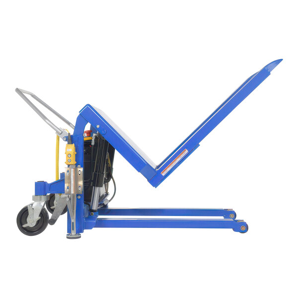 A blue Vestil pallet tilter with wheels and a black handle.