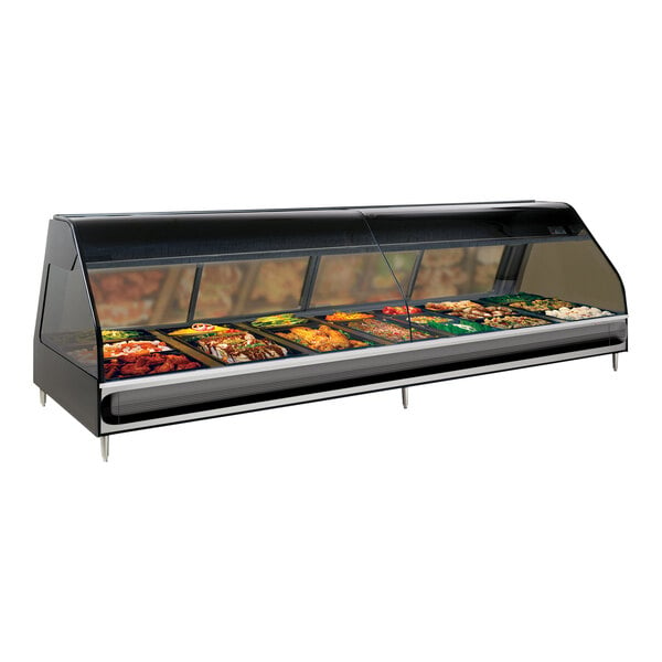 An Alto-Shaam stainless steel countertop heated display case with food in it.