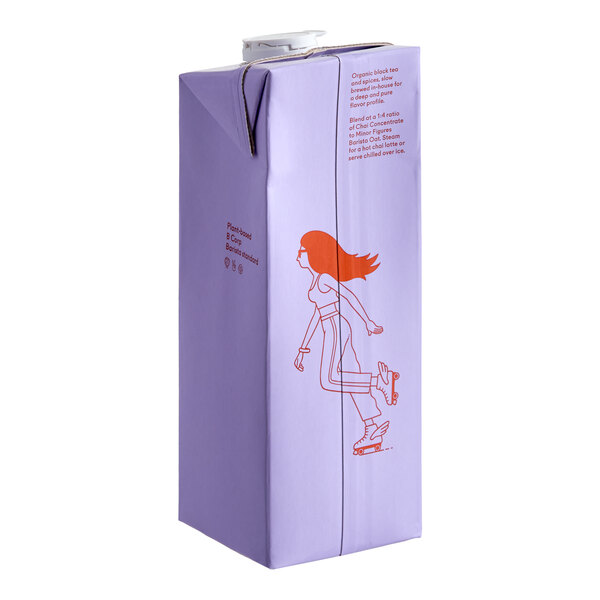 A purple carton of Minor Figures Barista Organic Chai 4:1 Concentrate with an illustration of a woman roller skating.