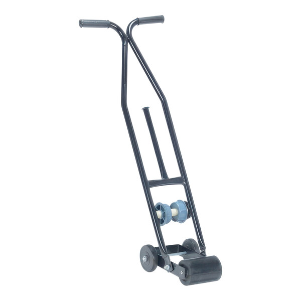 A black steel floor tape applicator with wheels.