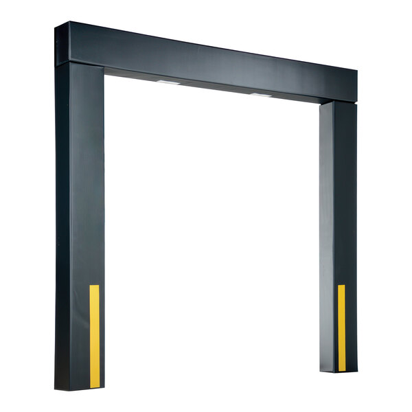 A black rectangular metal frame with yellow stripes and a white border.