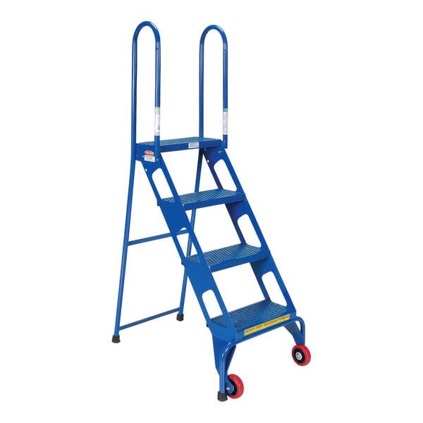 A blue Vestil steel folding ladder with wheels.