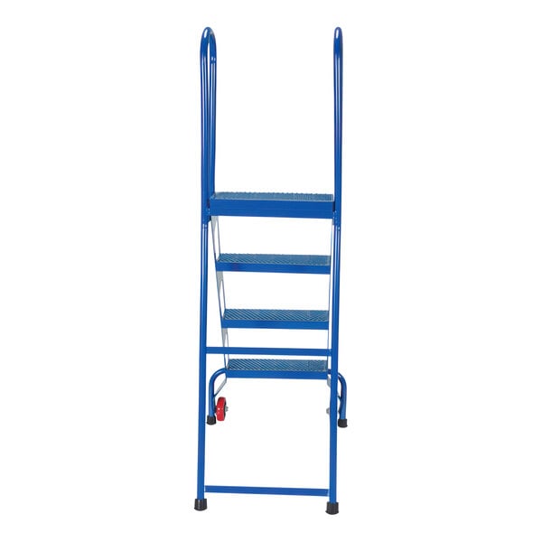 A blue steel 4-step ladder with wheels.