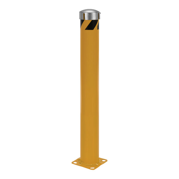 A yellow cylindrical steel safety bollard with chain slots.