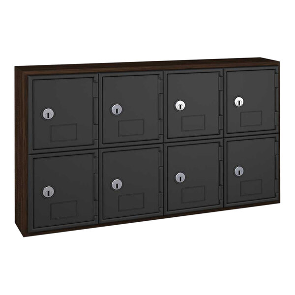 A black metal United Visual Products box with four doors and a keyhole.