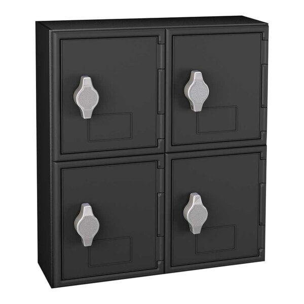 A black ABS plastic United Visual Products double cell phone locker with four doors and hasp locks.