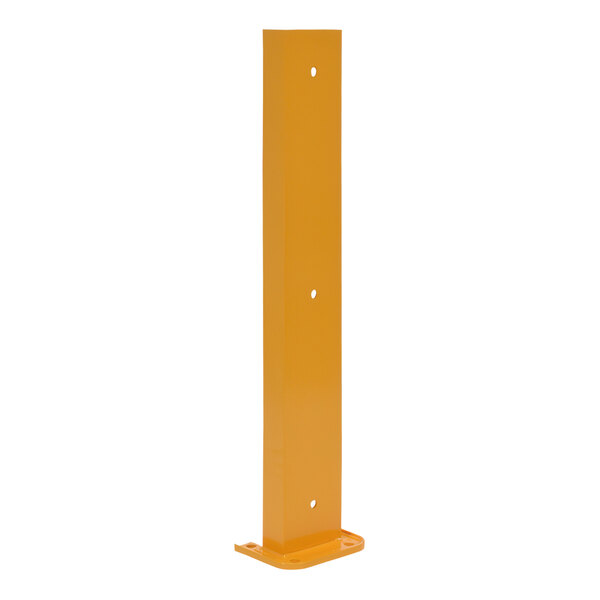 A yellow steel rectangular rack guard with holes in it.