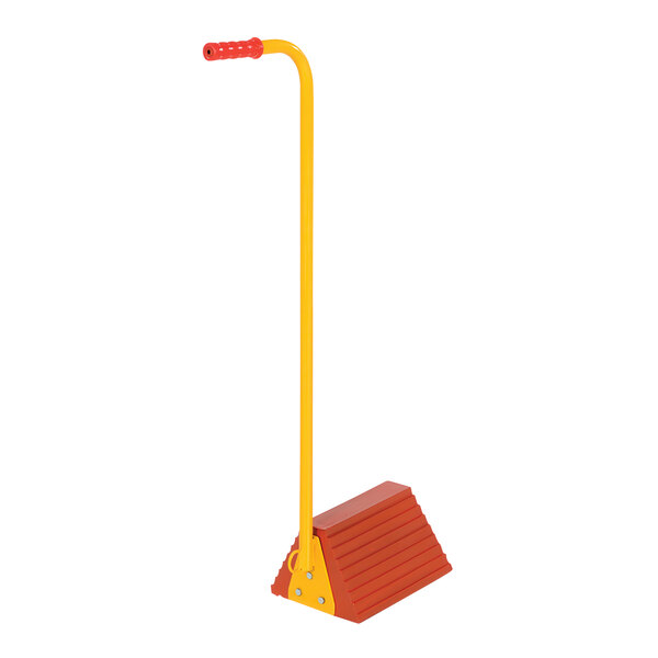 A Vestil orange rubber wheel chock with an ergonomic steel handle.