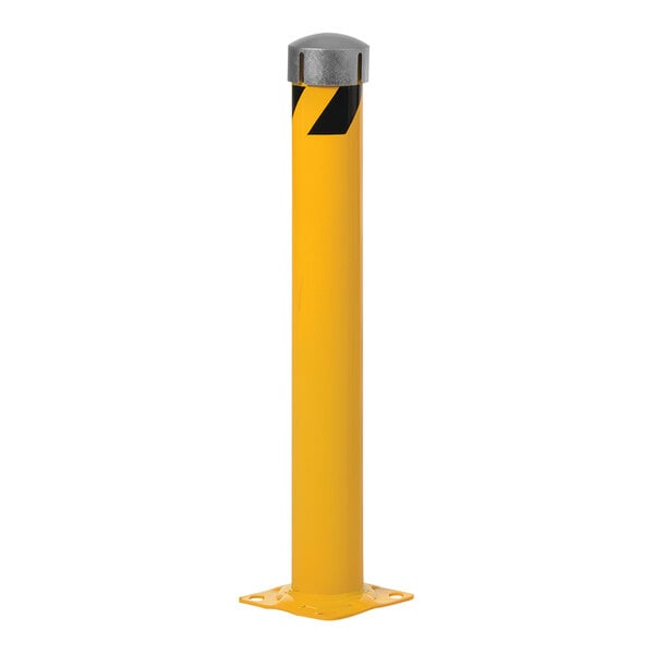 A yellow pole with chain slots and black stripes.