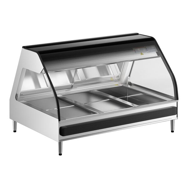 A stainless steel countertop heated display case with a glass front and multiple food compartments.