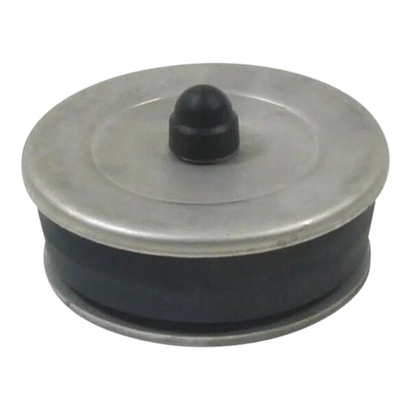 A stainless steel round plug with a black rubber lid.