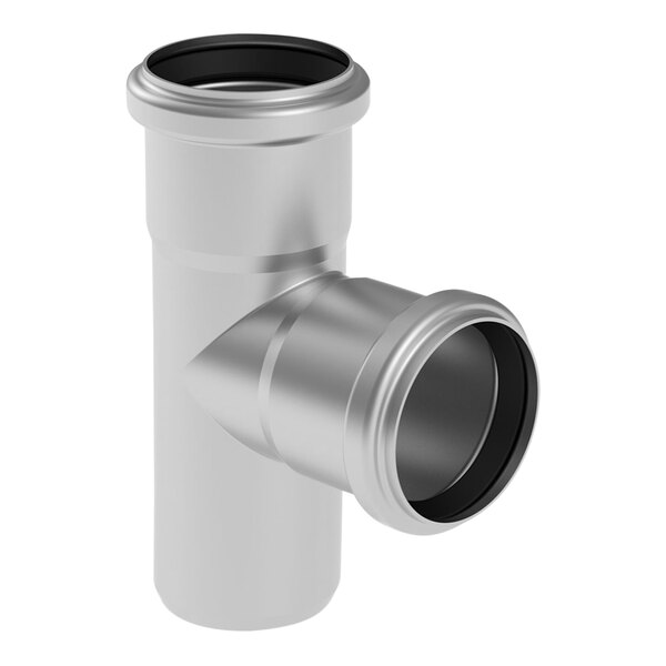 A close-up of a BLUCHER stainless steel pipe fitting with two holes and a black rubber ring.