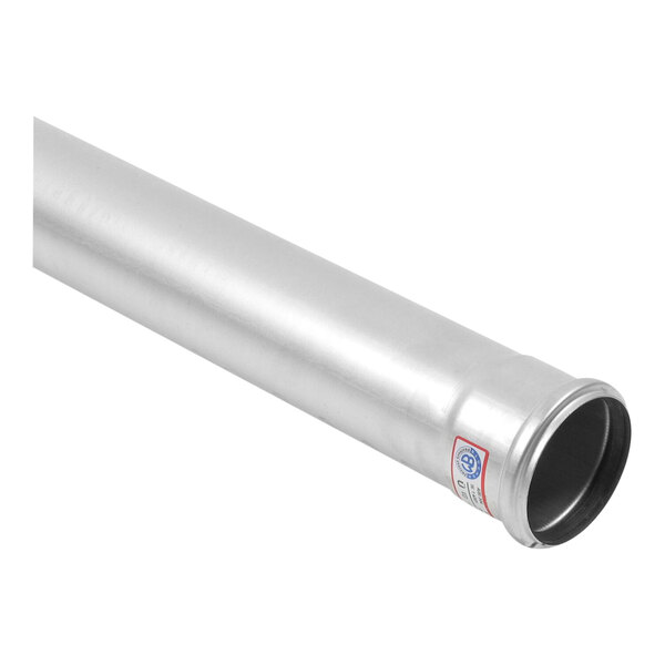 A close-up of a BLUCHER stainless steel metal pipe.