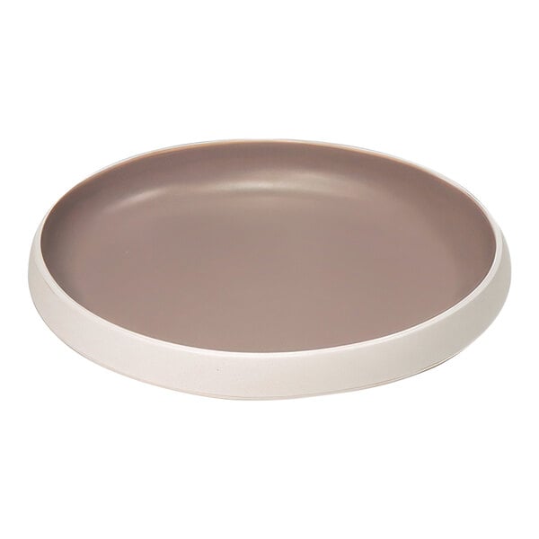 A Dalebrook Trafalgar melamine plate with a white rim and taupe base.