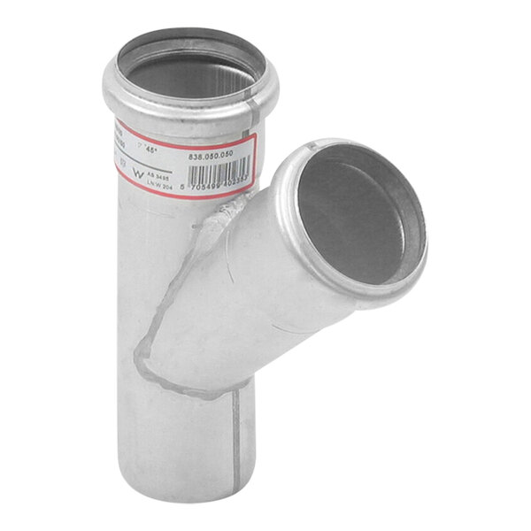 A close-up of a stainless steel BLUCHER EuroPipe 45 degree sweep wye fitting.