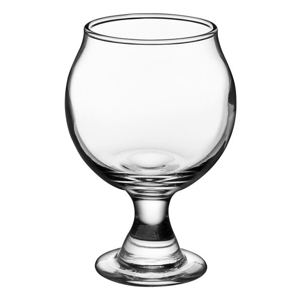 A clear Libbey Belgian beer tasting glass with a small base and a stem.