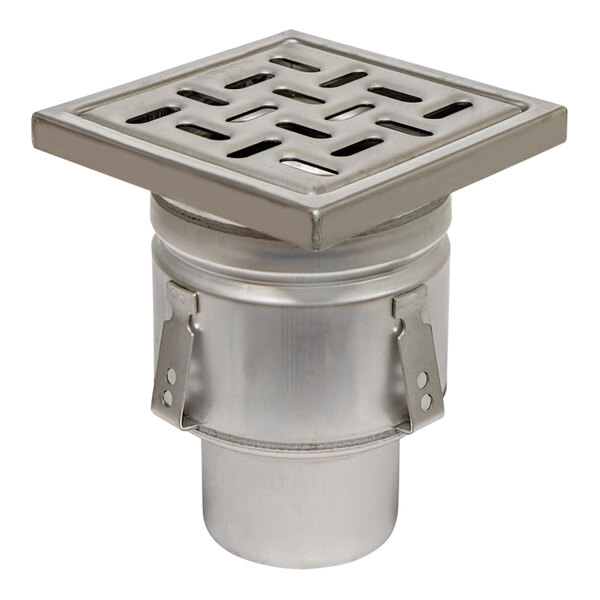 A BLUCHER stainless steel floor drain with a square mesh grate.