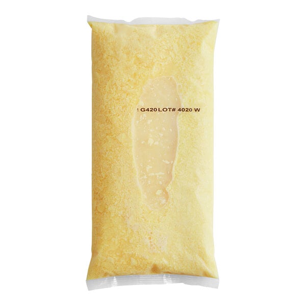 A yellow bag of Abbotsford Farms liquid scrambled egg mix with a white label.