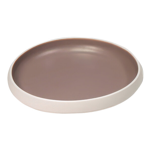 A round brown Dalebrook melamine plate with a white rim.