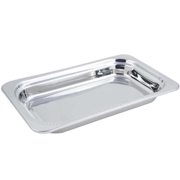 A Bon Chef stainless steel rectangular food pan with a Bolero design.