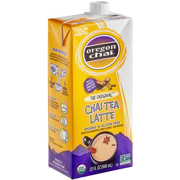 A yellow carton of Oregon Chai Organic Original Chai Tea Latte.