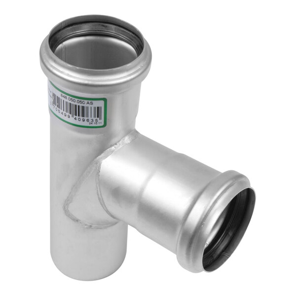 A silver stainless steel pipe fitting with a black rubber ring.