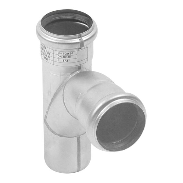 A BLUCHER stainless steel pipe fitting with a hole.
