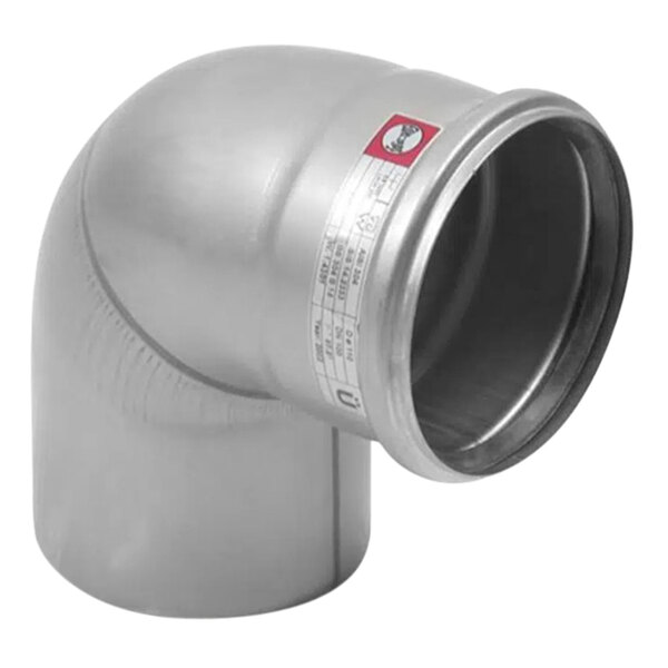 A silver stainless steel pipe elbow with a red label.