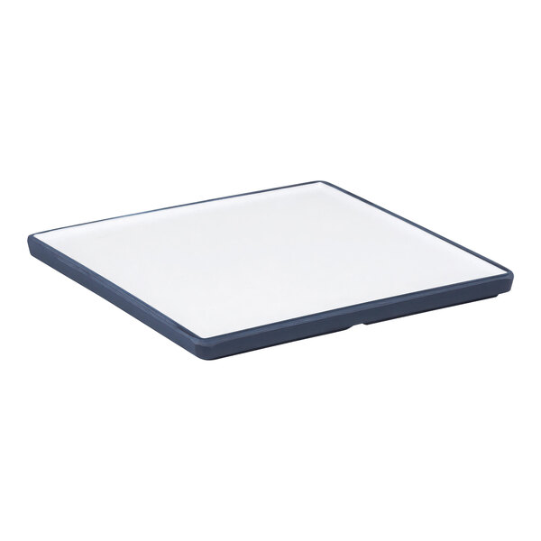 A white square plate with a blue rim.