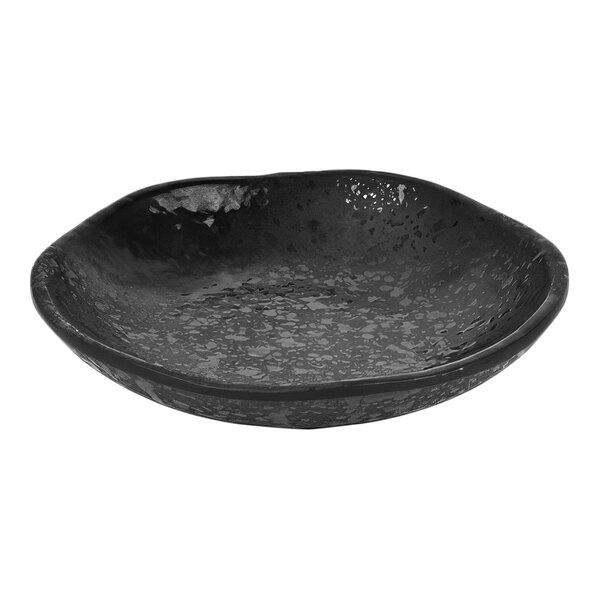 A Dalebrook by BauscherHepp Noir Crackle melamine plate with a black rim and speckled surface.