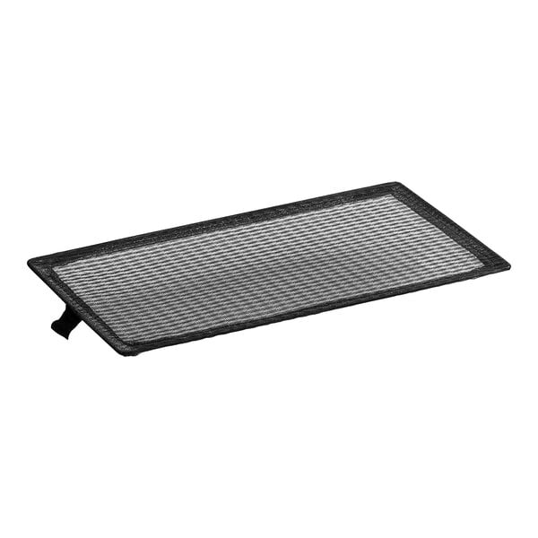 A black mesh rectangular screen on a table.