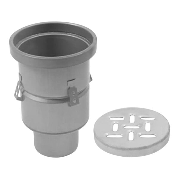 A BLUCHER stainless steel round floor drain with a lid.