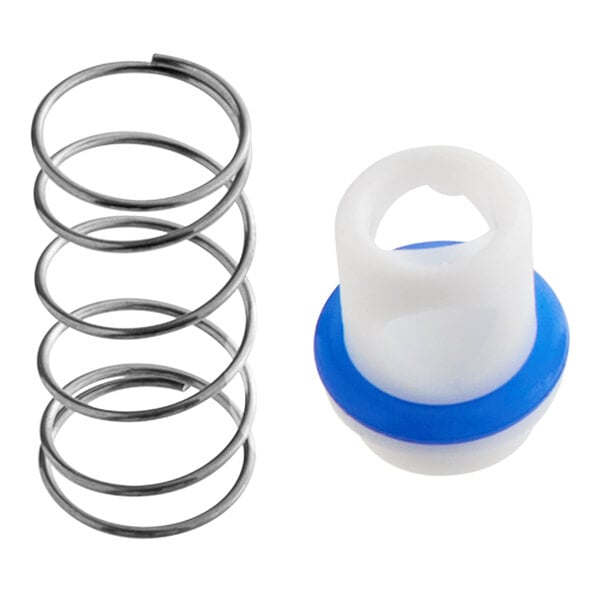 A white plastic ring with a metal spring attached to it.