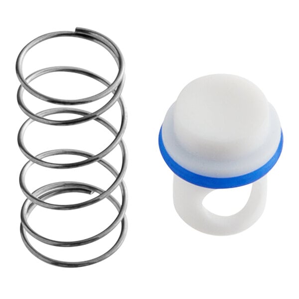 A white plastic cap with a blue and white metal spring.