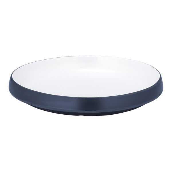 A white melamine plate with a black rim.