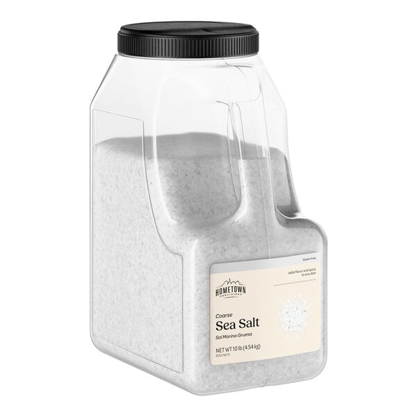 A large plastic container of Hometown Provisions Coarse Sea Salt weighing 10 pounds.