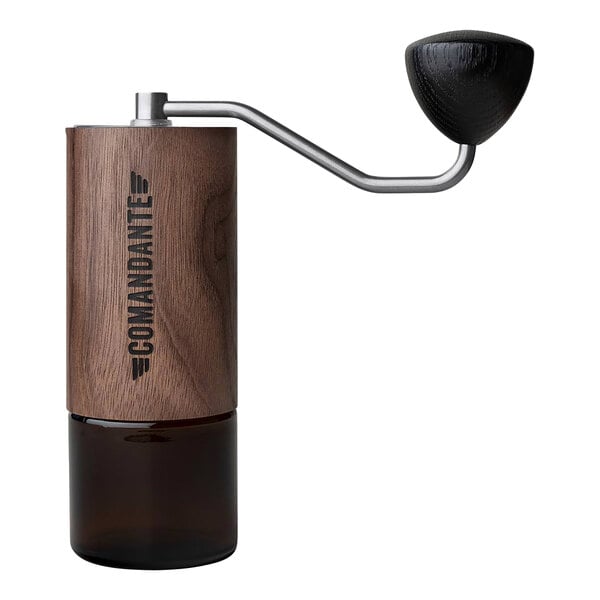 A Comandante Virginia Walnut coffee grinder with a black handle.