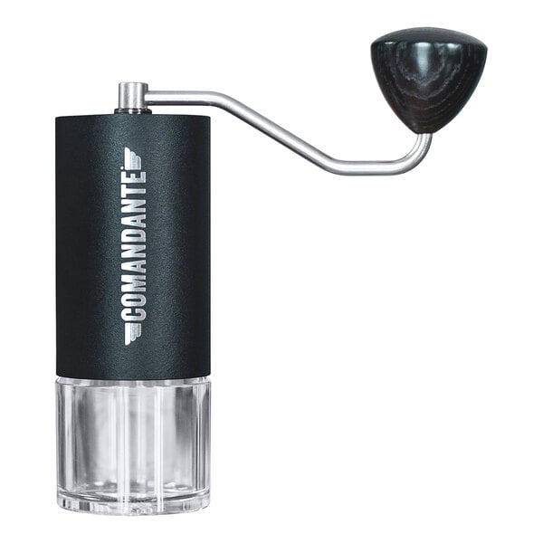 A Comandante C40 MK4 black and clear coffee grinder with a handle.