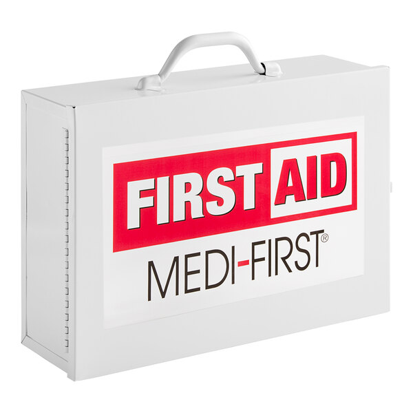 A white Medique first aid kit cabinet with two shelves.