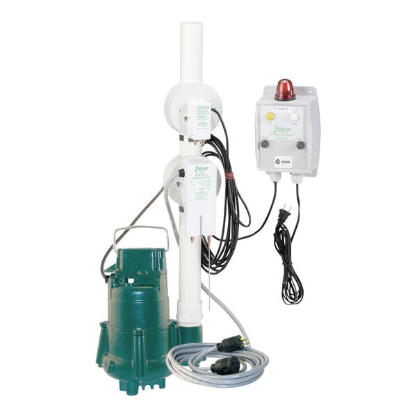 A white and green Zoeller Oil Guard elevator sump pump with wires.