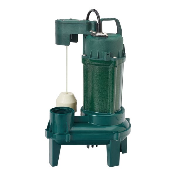 A green and white Zoeller M212 submersible pump with a white cap.