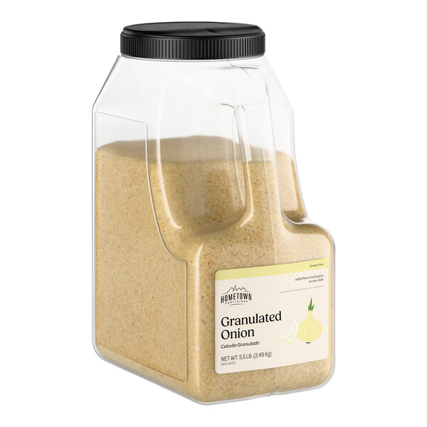 A large plastic container of Hometown Provisions granulated onion.