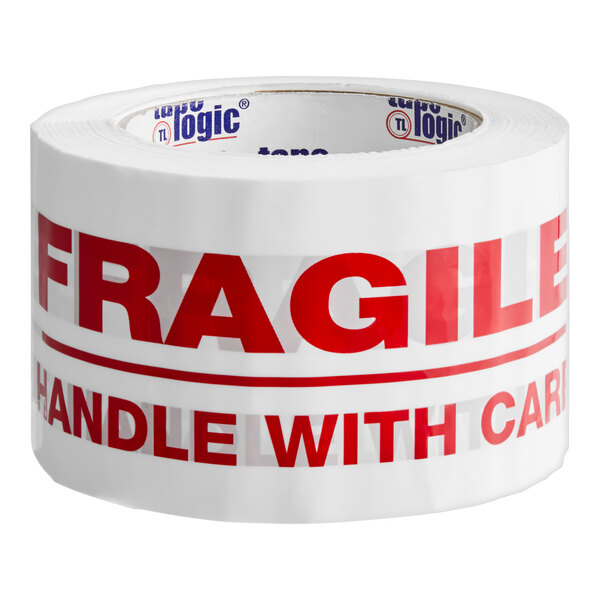 A white Tape Logic roll of 2" x 110 yard packing tape with red "Fragile / Handle With Care" text.